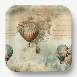 Assiettes En Carton Balloon vintage à air chaud dans un paysage serein