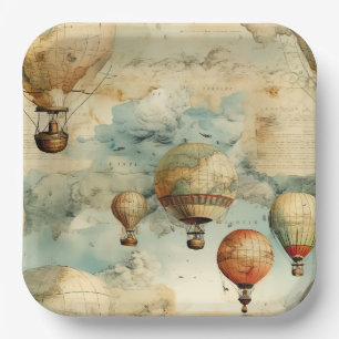 Assiettes En Carton Balloon vintage à air chaud dans un paysage serein
