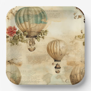 Assiettes En Carton Balloon vintage à air chaud dans un paysage serein
