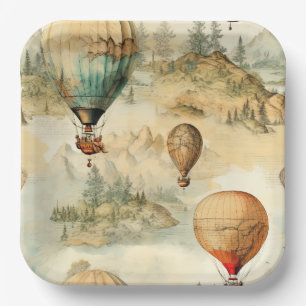 Assiettes En Carton Balloon vintage à air chaud dans un paysage serein