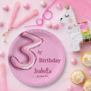 Assiettes En Carton Balloons mignons en paillettes roses n°3 pour un 3