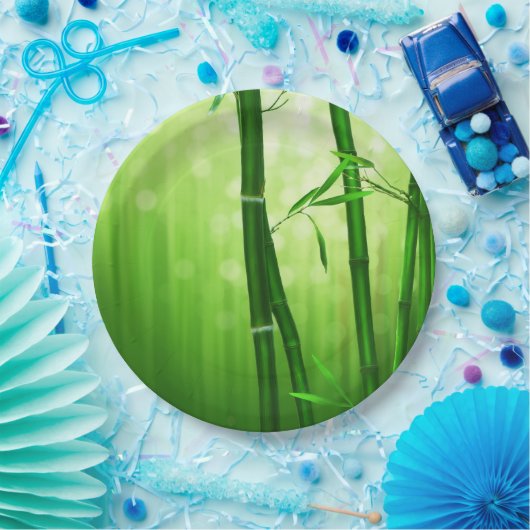 Assiettes En Carton Bambou Vert Avec Lumières De Bokeh Pâles À L'Arriè (Fête)