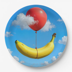 Assiettes En Carton Banane mûre flottant dans le ciel avec un ballon r