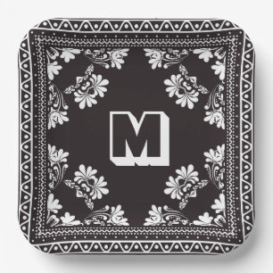 Assiettes En Carton Bandana noir et blanc avec Monogramme