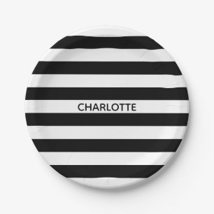 Assiettes En Carton Bande blanche et noire chic nom personnalisé anni