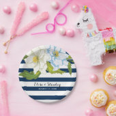 Assiettes En Carton Bande bleu foncé & fleurs mariage moderne fleurie (Fête)