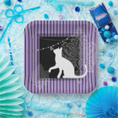 Assiettes En Carton Bande noire violette, chat blanc (Fête)