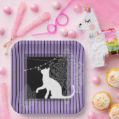 Assiettes En Carton Bande noire violette, chat blanc (Fête)