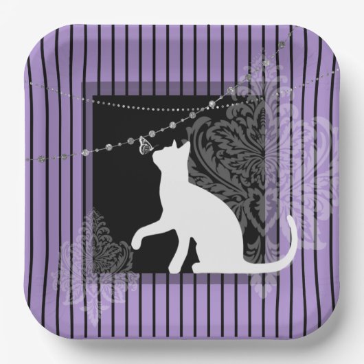 Assiettes En Carton Bande noire violette, chat blanc (Recto)