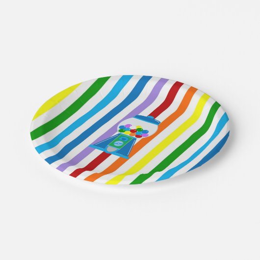 Assiettes En Carton Bandes arc-en-ciel avec gumball bleu (Angle)