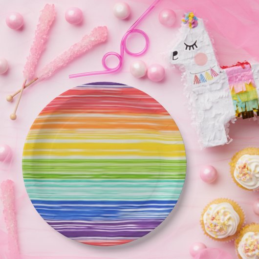 Assiettes En Carton Bandes arc-en-ciel inondées (Fête)