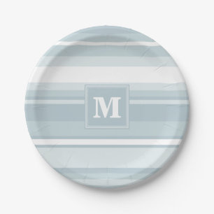 Assiettes En Carton Bandes bleu glace monogramme