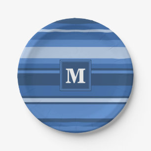 Assiettes En Carton Bandes bleu monogramme