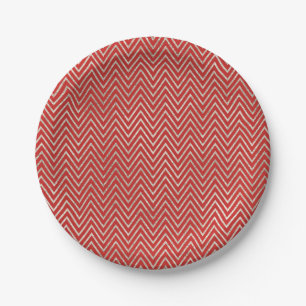 Assiettes En Carton Bandes Chevron Argent Rouge