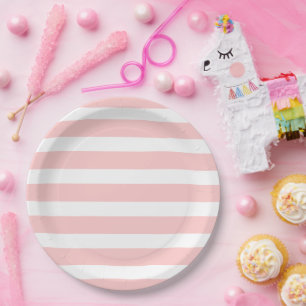 Assiettes En Carton Bandes claires rose et blanche