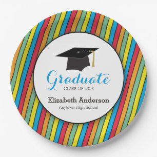 Assiettes En Carton Bandes colorées et Casquette Graduation personnali