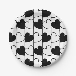 Assiettes En Carton Bandes de Coeurs Noir et Blanc