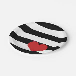 Assiettes En Carton Bandes noires et blanches avec Coeur rouge