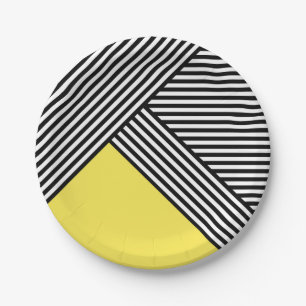 Assiettes En Carton Bandes noires et blanches avec triangle jaune