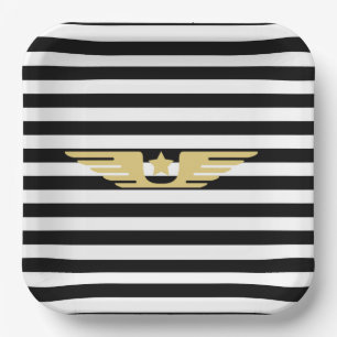 Assiettes En Carton Bandes noires et blanches et ailes pilotes en or