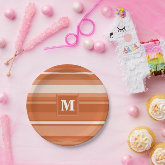 Assiettes En Carton Bandes orange monogrammes (Fête)