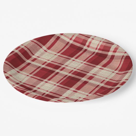 Assiettes En Carton Bandes Plaid Crème Rouge (Angle)