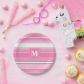 Assiettes En Carton Bandes rose monogramme (Fête)