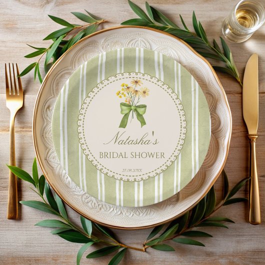 Assiettes En Carton Bandes vert sauge mariage monogrammé