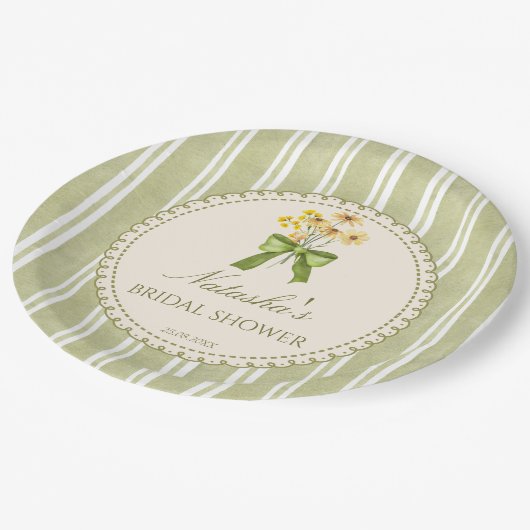 Assiettes En Carton Bandes vert sauge mariage monogrammé (Angle)