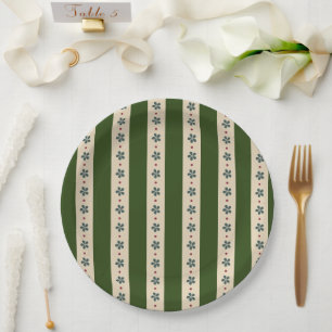 Assiettes En Carton Bandes Vertes Et Crème Et Fleurs