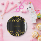 Assiettes En Carton Bandes Verticales Noires & Blanches Points Faux Or (Fête)