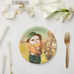 Assiettes En Carton Bao Bao : Chat de ferme mignon & Récolte de poules