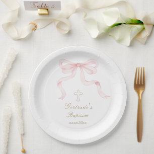 Assiettes En Carton Baptême aquarelle noeud rose bébé fille