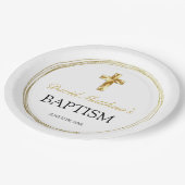 Assiettes En Carton Baptême bébé garçon élégant Croix blanche et or (Angle)