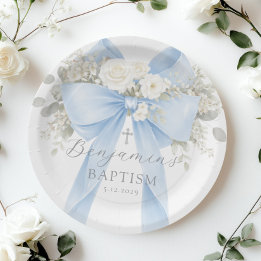 Assiettes En Carton Baptême bébé garçon Eucalyptus Bleu Nœud