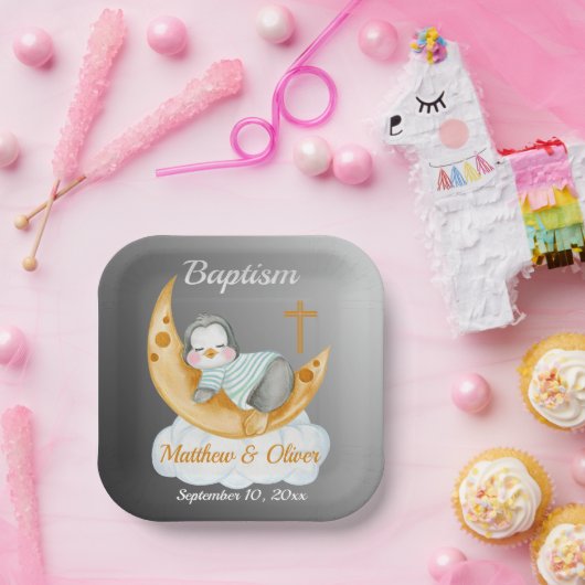 Assiettes En Carton Baptême Bébé Pingouin Et Lune (Fête)