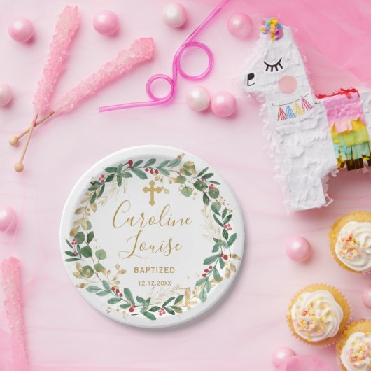 Assiettes En Carton Baptême Bébé Vert Gold Foliage (Fête)