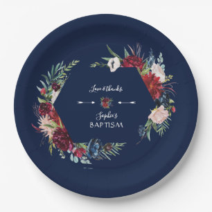 Assiettes En Carton Baptême Bleu Bourgogne Floral Fille de couronne Ba