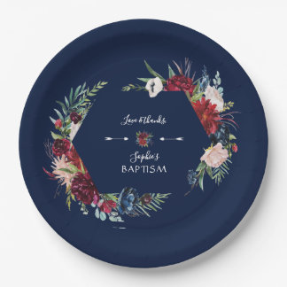 Assiettes En Carton Baptême Bleu Bourgogne Floral Fille de couronne Ba
