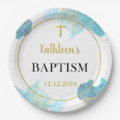 Assiettes En Carton Baptême Bleu Élégant (Devant)