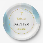 Assiettes En Carton Baptême Bleu Élégant (Devant)