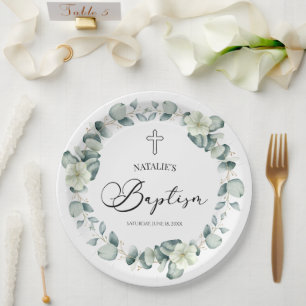 Assiettes En Carton Baptême botanique Feuille d'Eucalyptus vert