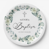 Assiettes En Carton Baptême botanique Feuille d'Eucalyptus vert (Devant)
