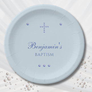 Assiettes En Carton Baptême chrétien simple croix bleu poussiéreux