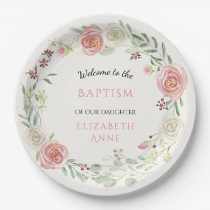 Assiettes En Carton Baptême Chrétienne Petite Fille Aquarelle Rose f