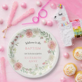 Assiettes En Carton Baptême Chrétienne Petite Fille Aquarelle Rose flo (Fête)