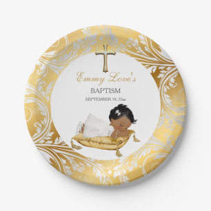 Assiettes En Carton Baptême Christening Bébé Fille Ethnique Or Argent