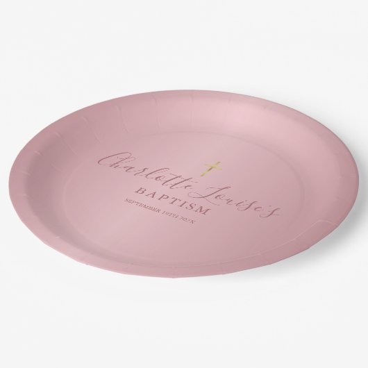 Assiettes En Carton Baptême Christening Élégant Rose Gold Script (Angle)