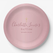 Assiettes En Carton Baptême Christening Élégant Rose Gold Script (Devant)