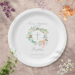 Assiettes En Carton Baptême Christening Floral Silver Cross<br><div class="desc">Doté d'une délicate aquarelle fleurie et d'une croix argentée,  ce baptême chic ou cette plaque en papier baptisant peut être personnalisé avec vos détails spéciaux de l'événement. Conçu par Thisisnotme©</div>